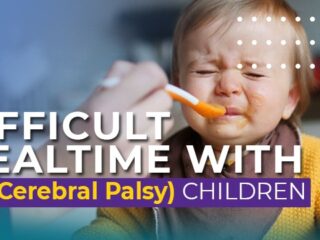 Child with cerebral palsy struggling during mealtime