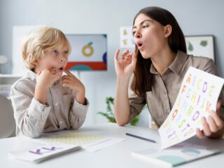 Speech therapist teaching phonetics to young boy in classroom