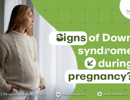 Pregnant woman with text "Signs of Down syndrome during pregnancy?"