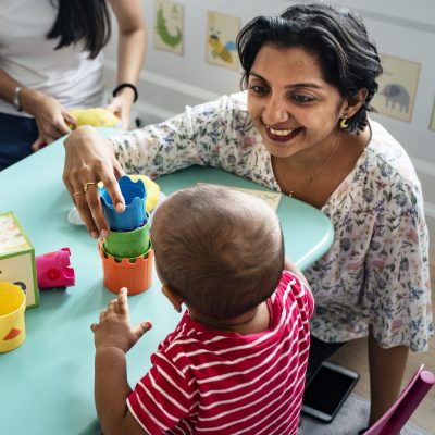 a child with disabled building the blocks